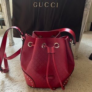 Bright Diamante GG Monogram Studded Small Bucket Bag Red